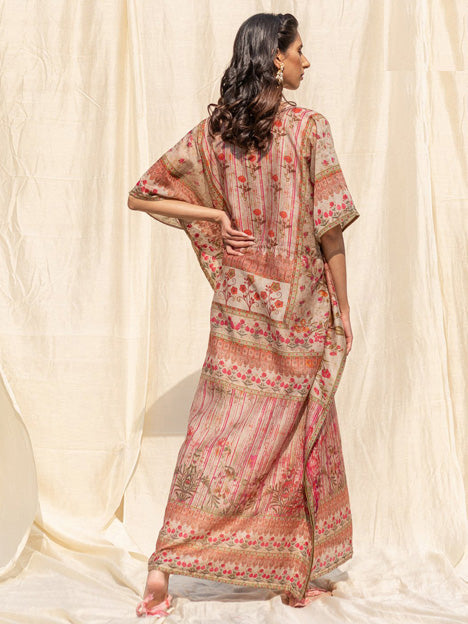 Beige Silk Floral Print Kaftan