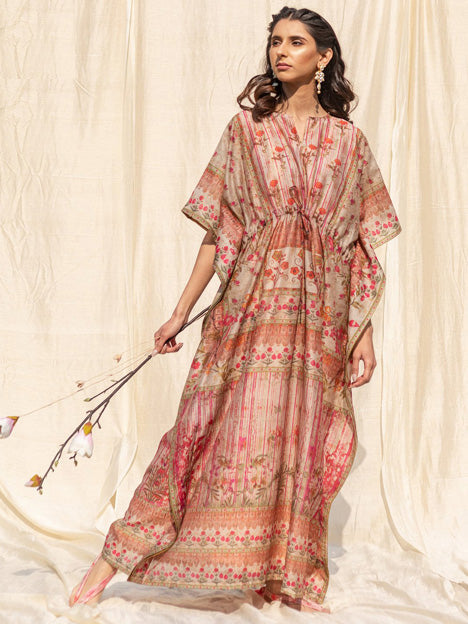 Beige Silk Floral Print Kaftan