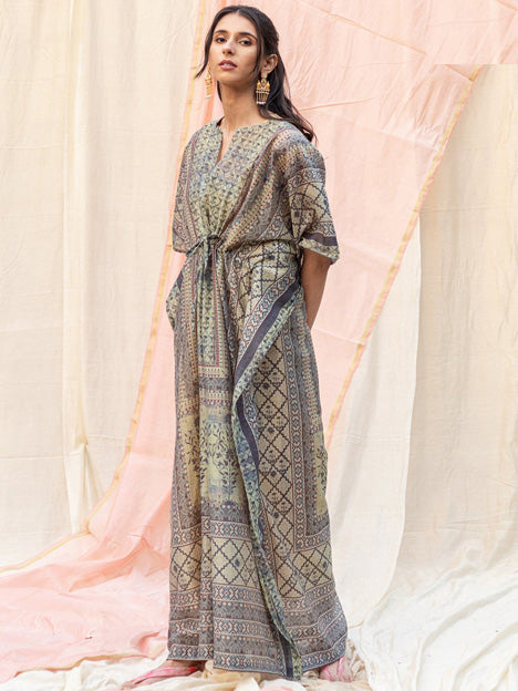 Dusty Cream Silk Floral Print Kaftan