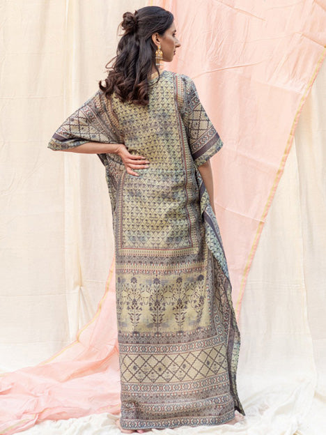 Dusty Cream Silk Floral Print Kaftan