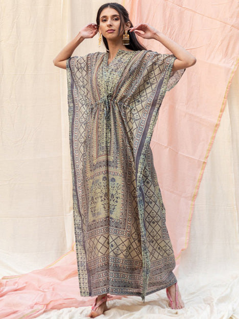 Dusty Cream Silk Floral Print Kaftan