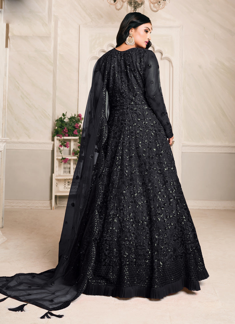 Marvelous Black Net Sequined Designer Anarkali Suit