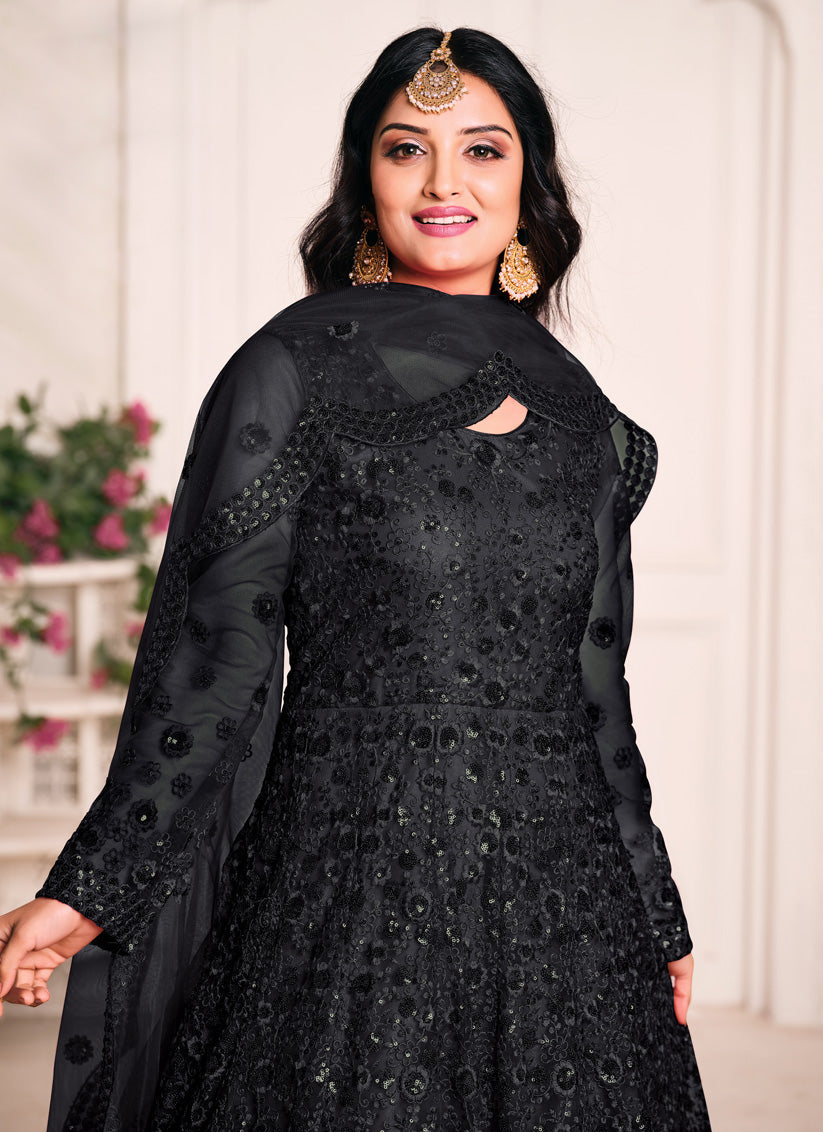 Marvelous Black Net Sequined Designer Anarkali Suit