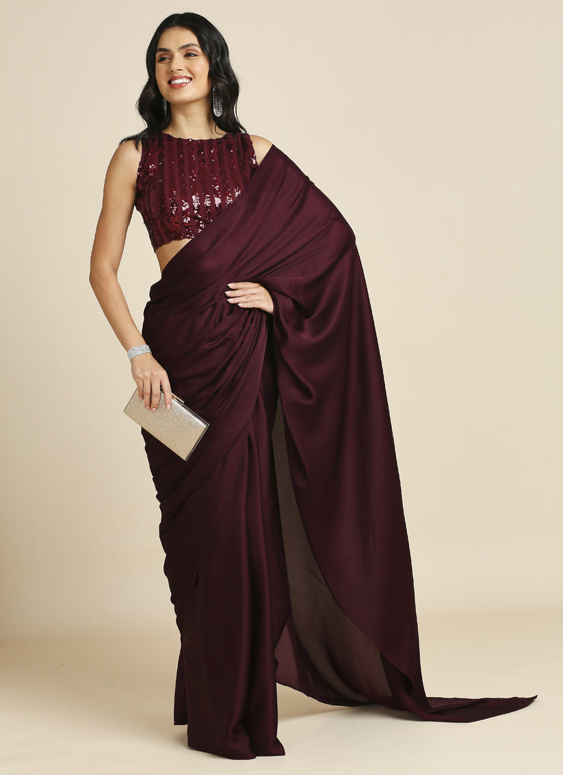 Garnet Maroon Soft Silk Saree with Embroidered Blouse