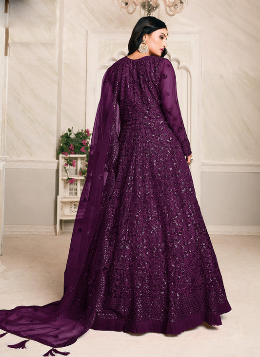 Sweet Plum Net Sequined Designer Anarkali Suit