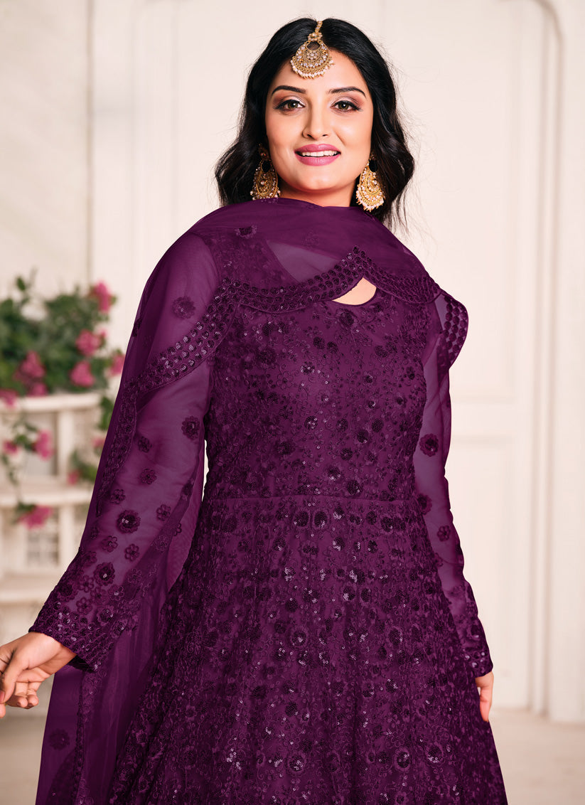 Sweet Plum Net Sequined Designer Anarkali Suit