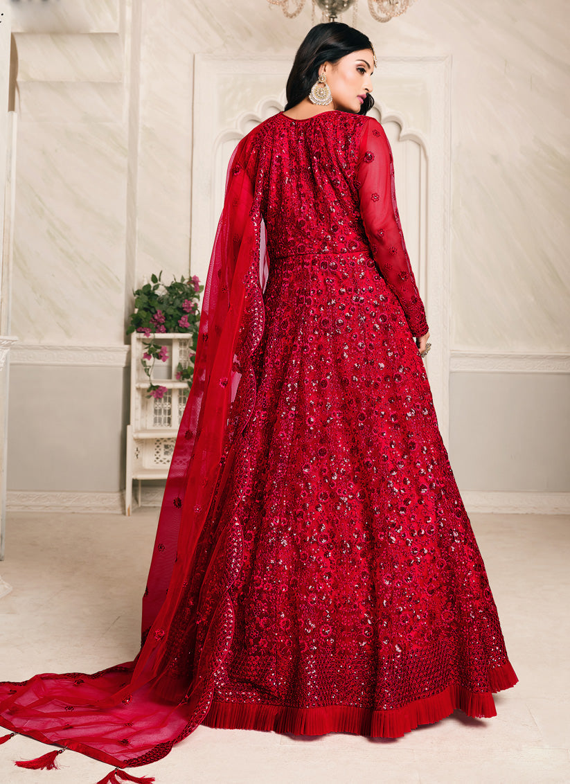 Immaculate Cherry Red Net Sequined Designer Anarkali Suit