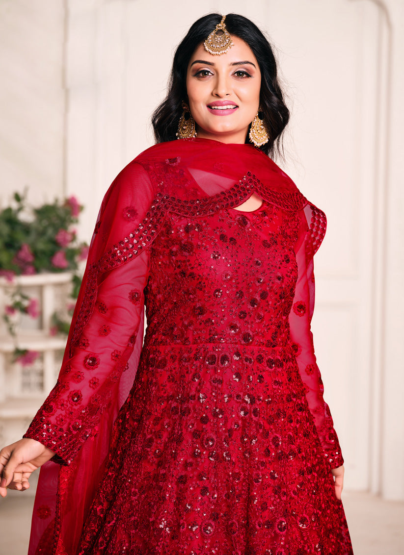 Immaculate Cherry Red Net Sequined Designer Anarkali Suit