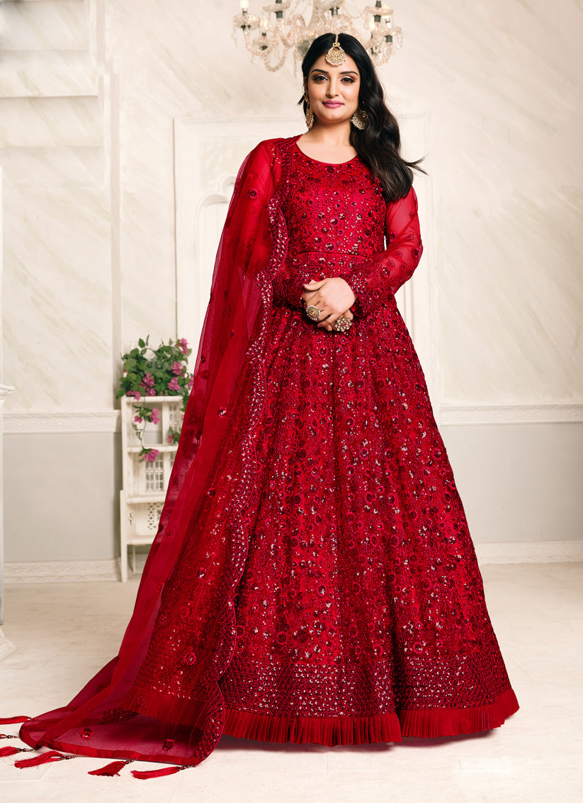 Immaculate Cherry Red Net Sequined Designer Anarkali Suit