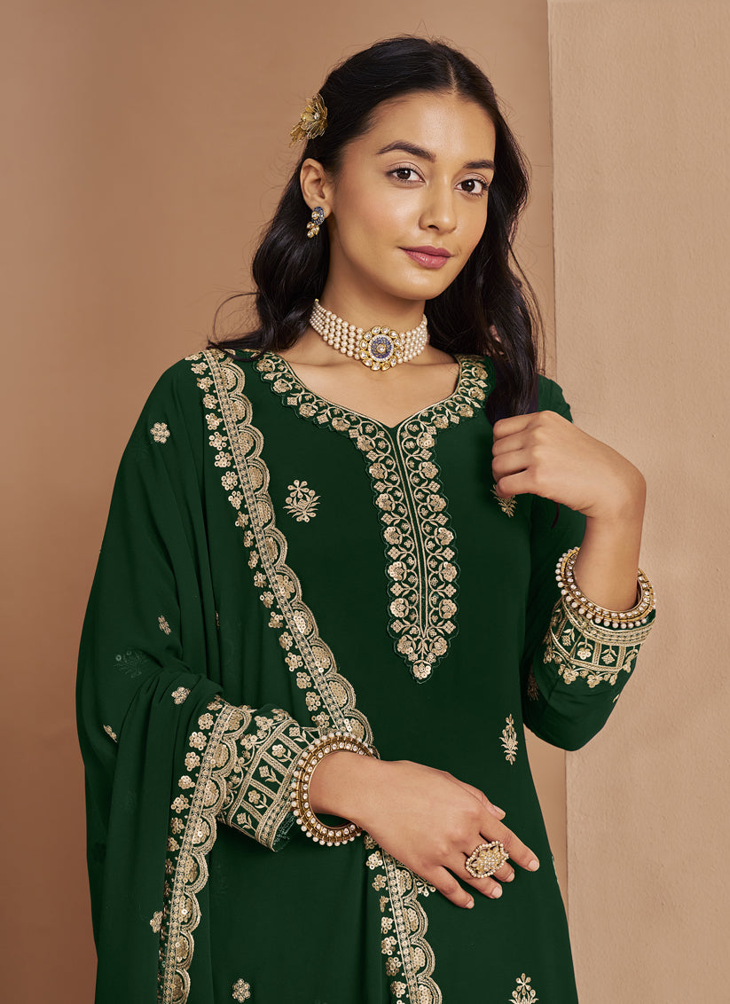 bottle green faux georgette embroidered palazzo kameez