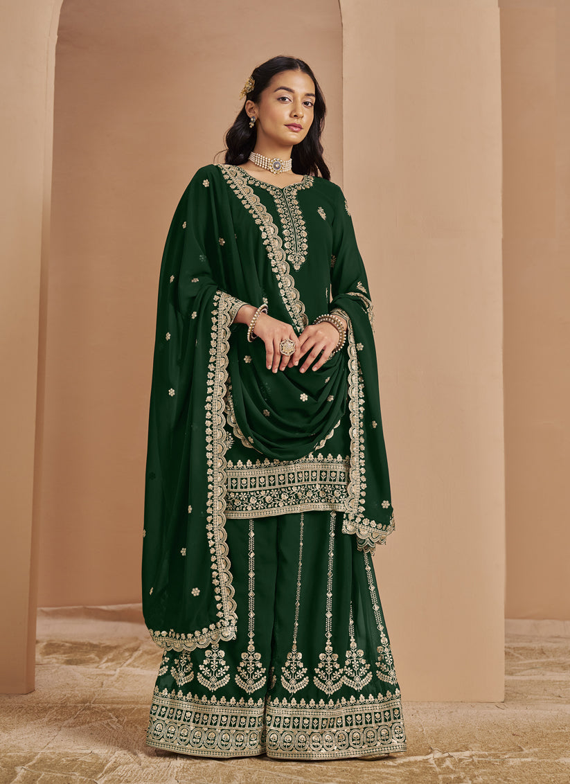 bottle green faux georgette embroidered palazzo kameez