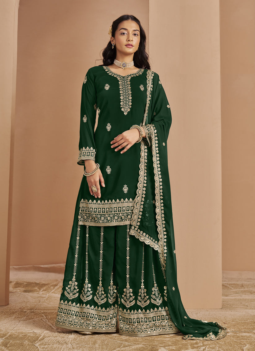 bottle green faux georgette embroidered palazzo kameez