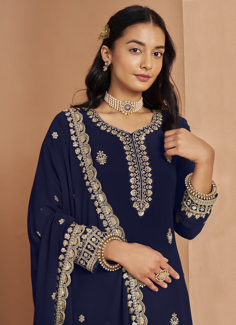 navy blue faux georgette embroidered palazzo kameez