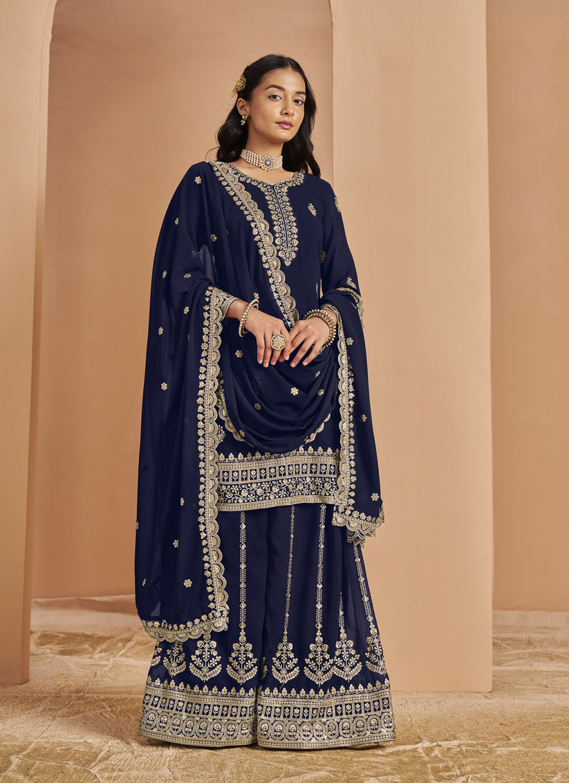 navy blue faux georgette embroidered palazzo kameez