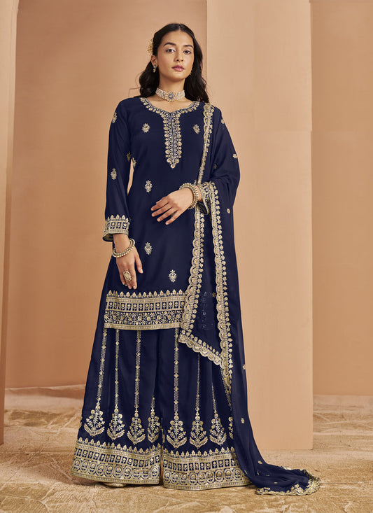 navy blue faux georgette embroidered palazzo kameez