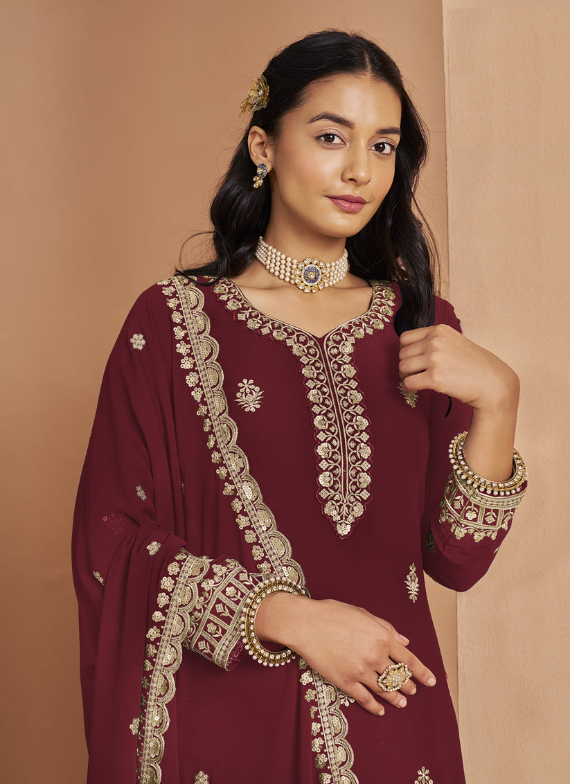 maroon faux georgette embroidered palazzo kameez