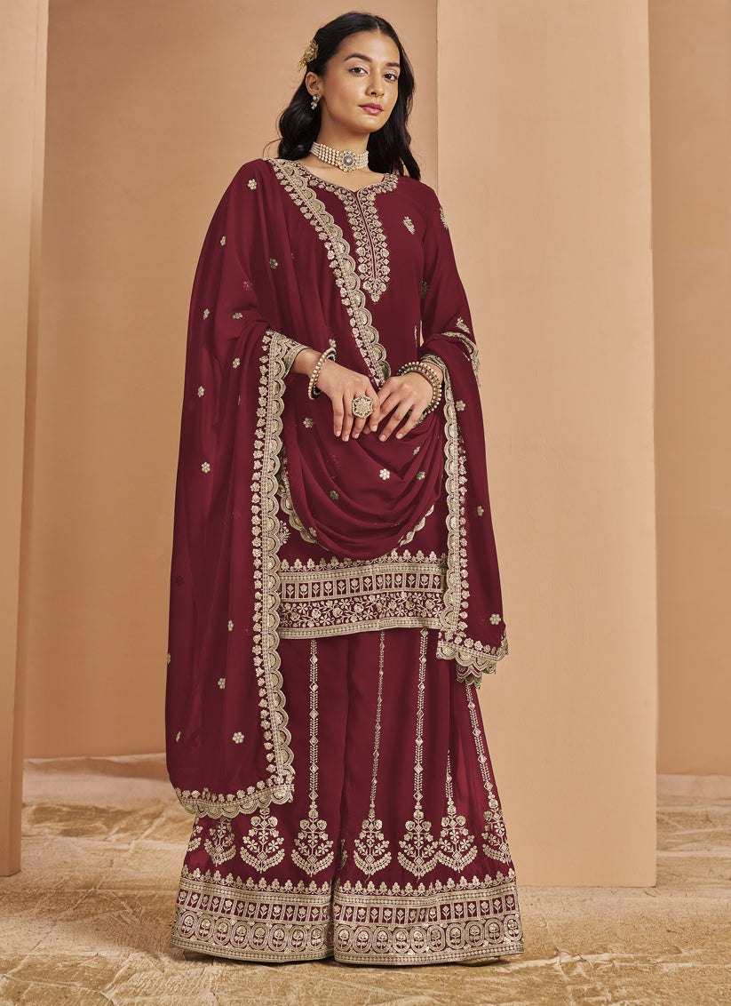 maroon faux georgette embroidered palazzo kameez