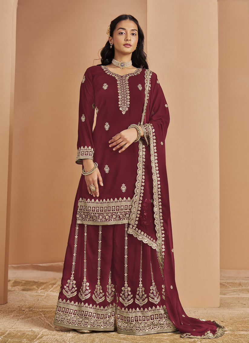 maroon faux georgette embroidered palazzo kameez