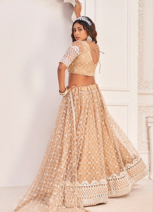 Beige Net Embroidered Lehenga Choli