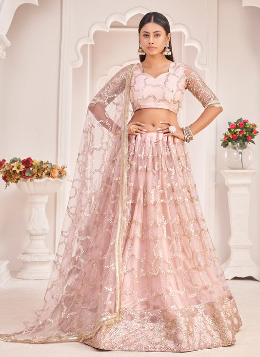 Blush Pink Net Embroidered Lehenga Choli
