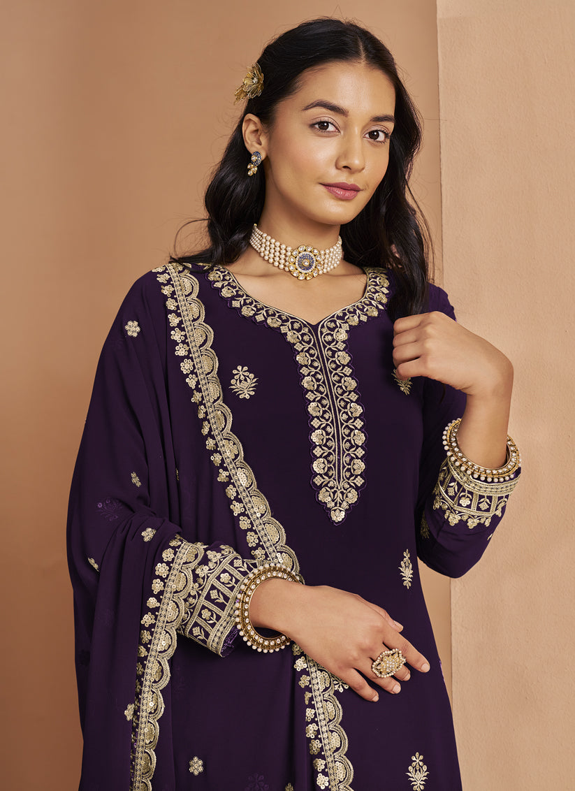 dark purple faux georgette embroidered palazzo kameez