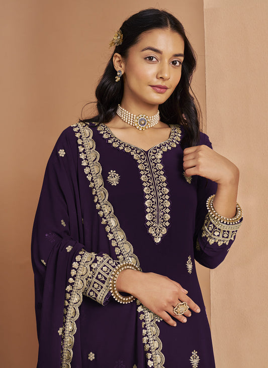 dark purple faux georgette embroidered palazzo kameez