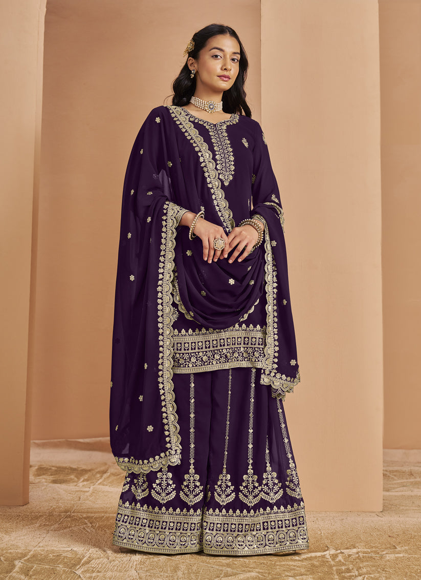 dark purple faux georgette embroidered palazzo kameez