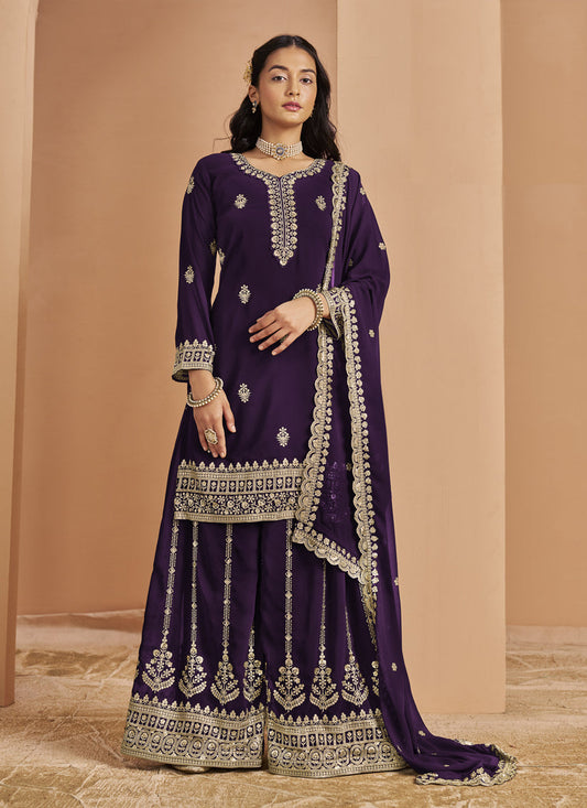 dark purple faux georgette embroidered palazzo kameez