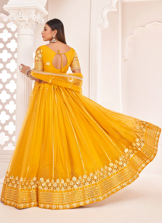Golden Yellow Net Embroidered Lehenga Choli