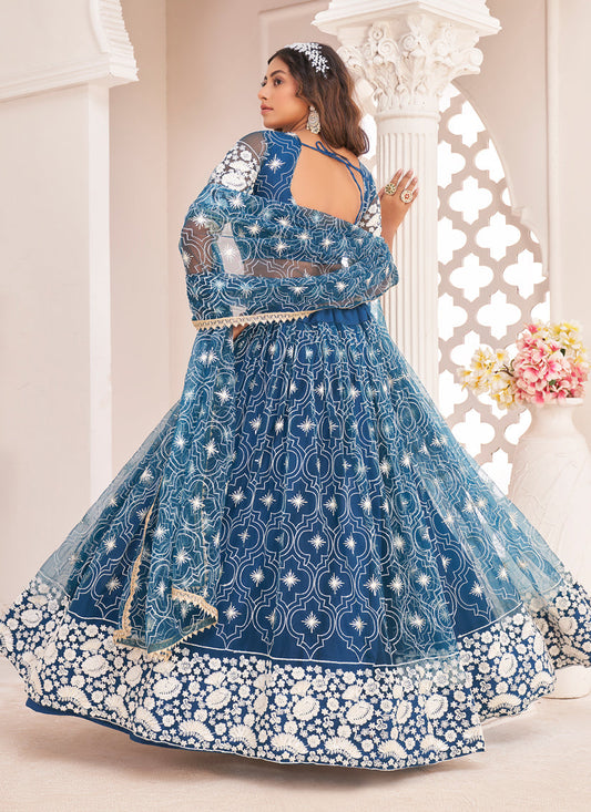 Cobalt Blue Net Embroidered Lehenga Choli