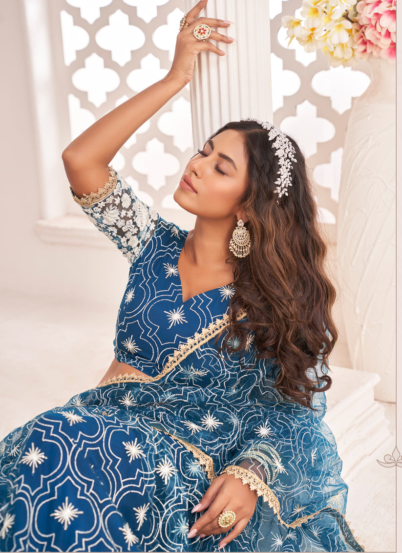 Cobalt Blue Net Embroidered Lehenga Choli