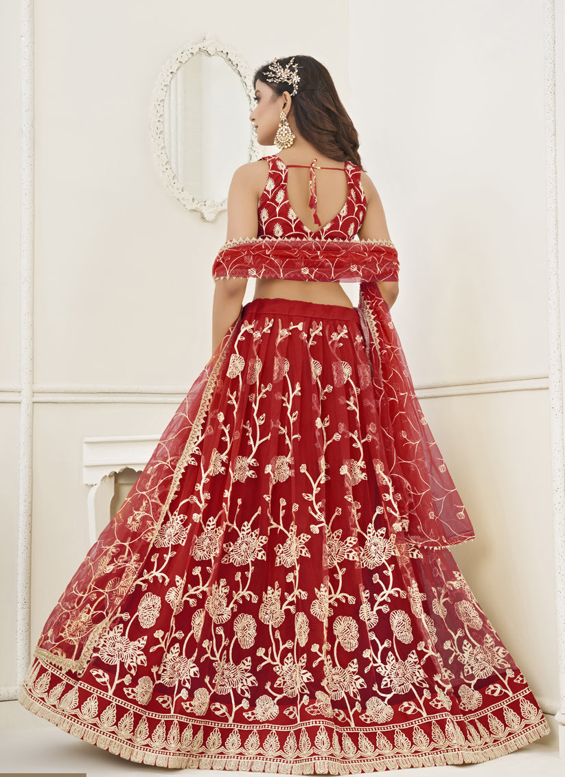 Red Net Embroidered Lehenga Choli
