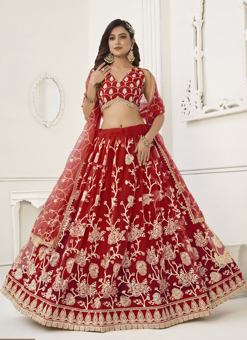 Red Net Embroidered Lehenga Choli