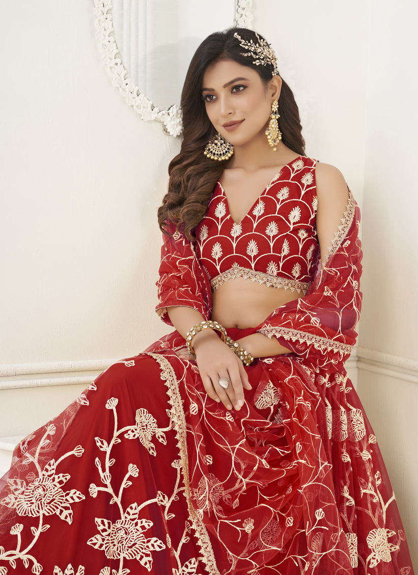 Red Net Embroidered Lehenga Choli