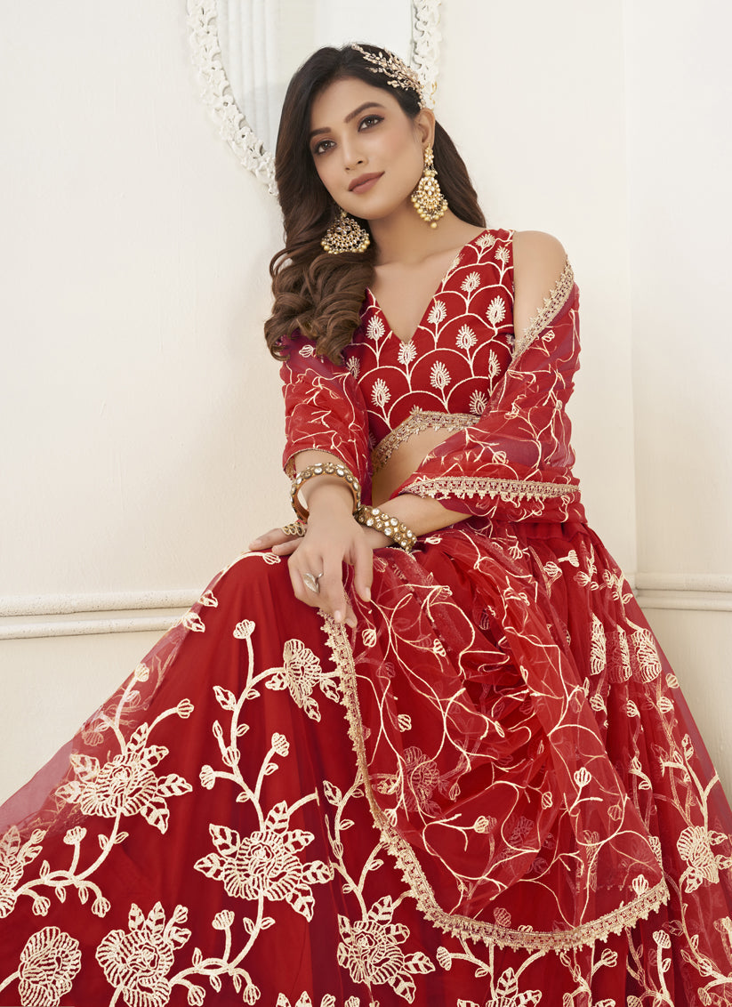 Red Net Embroidered Lehenga Choli