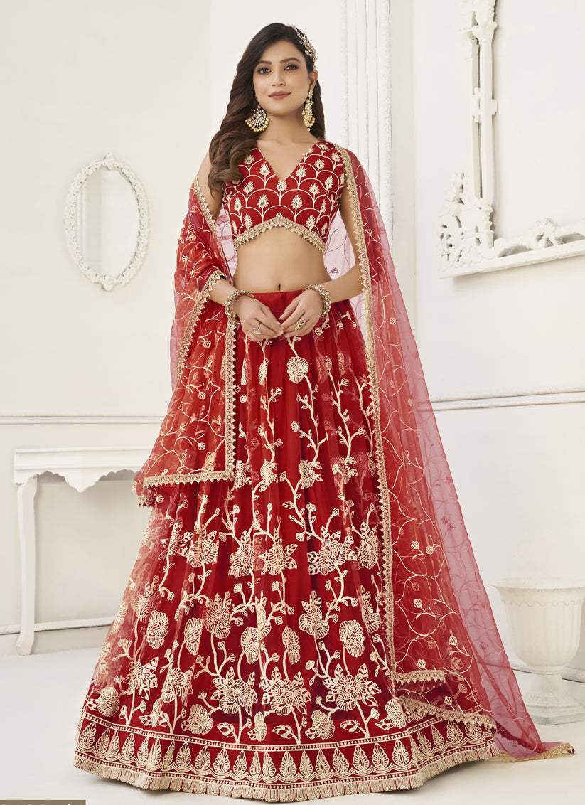 Red Net Embroidered Lehenga Choli
