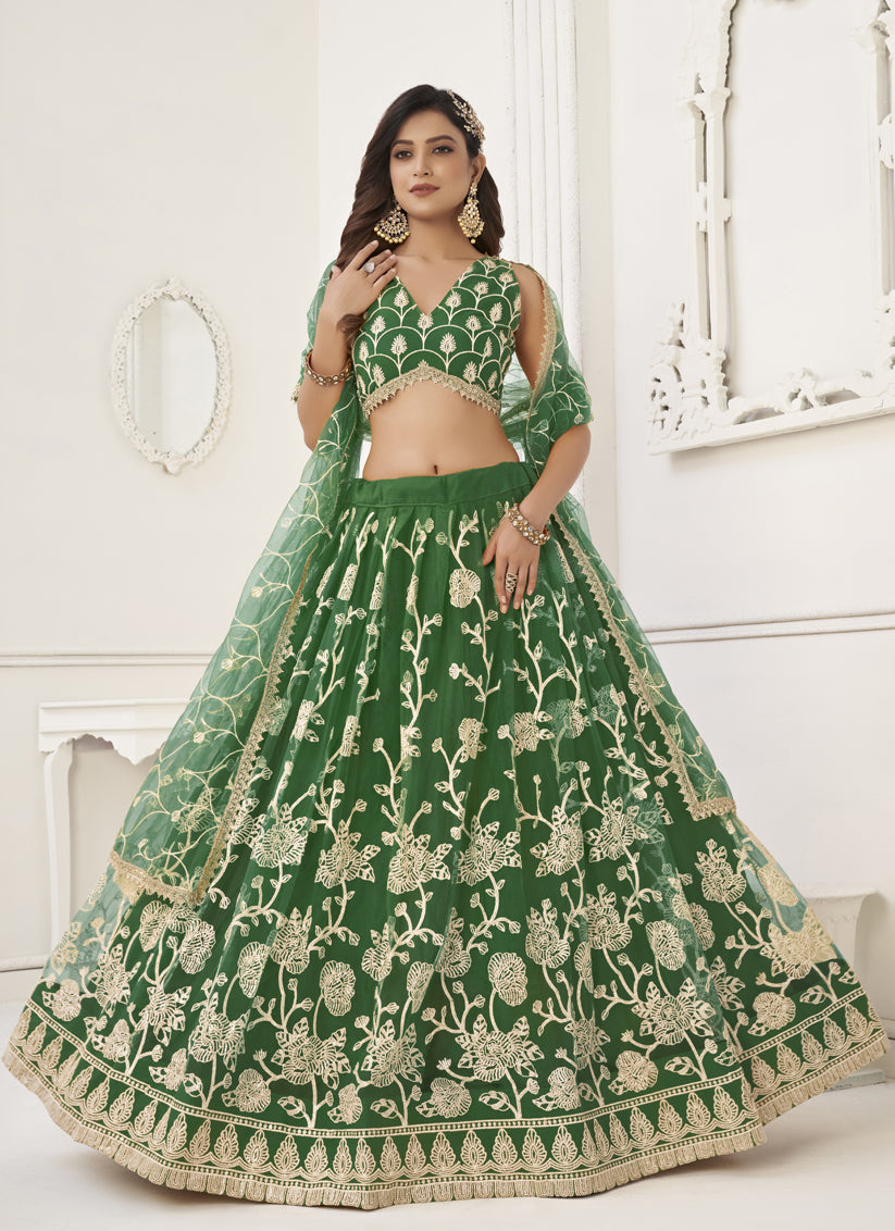 Green Net Embroidered Lehenga Choli