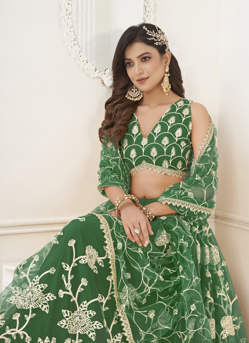 Green Net Embroidered Lehenga Choli
