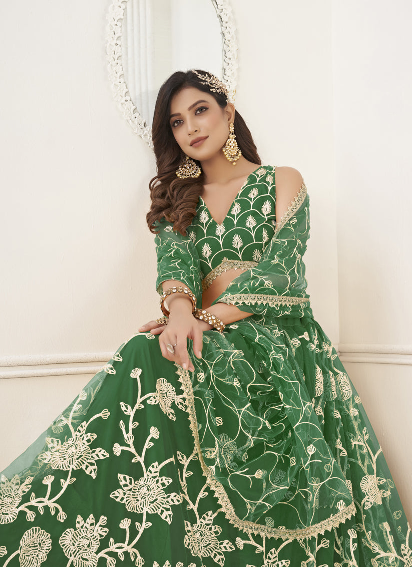 Green Net Embroidered Lehenga Choli