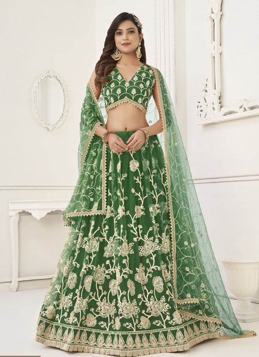 Green Net Embroidered Lehenga Choli