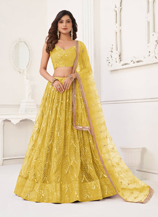 Maize Yellow Net Embroidered Lehenga Choli