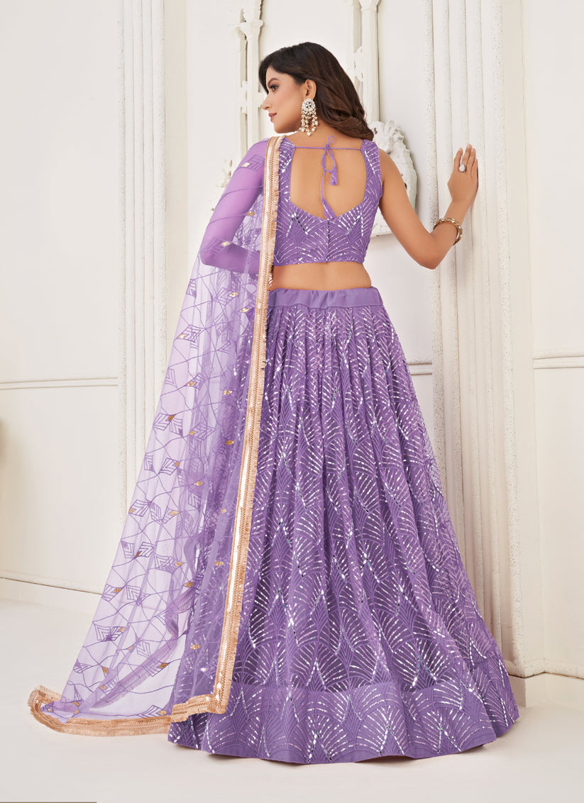Lilac Purple Net Embroidered Lehenga Choli