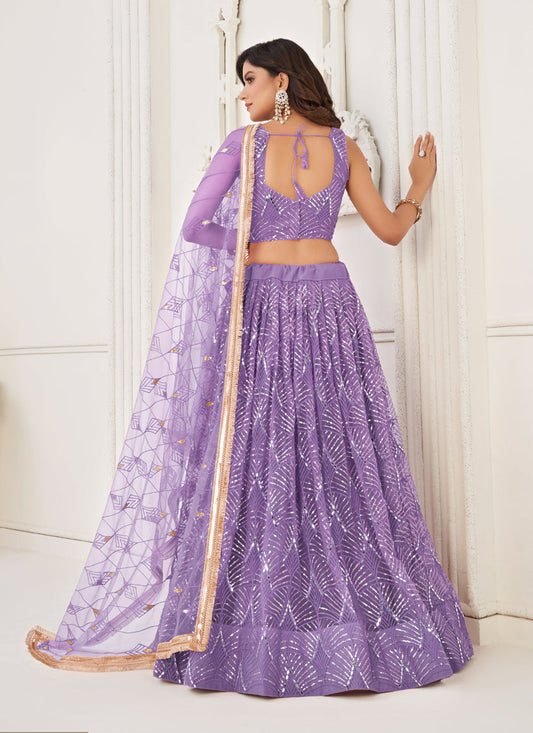 Lilac Purple Net Embroidered Lehenga Choli