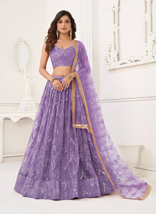 Lilac Purple Net Embroidered Lehenga Choli