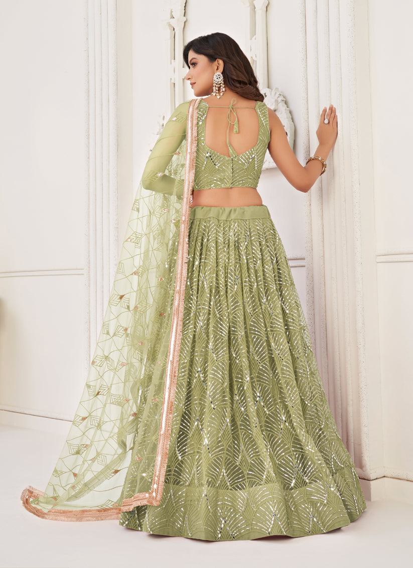 Sage Green Net Embroidered Lehenga Choli