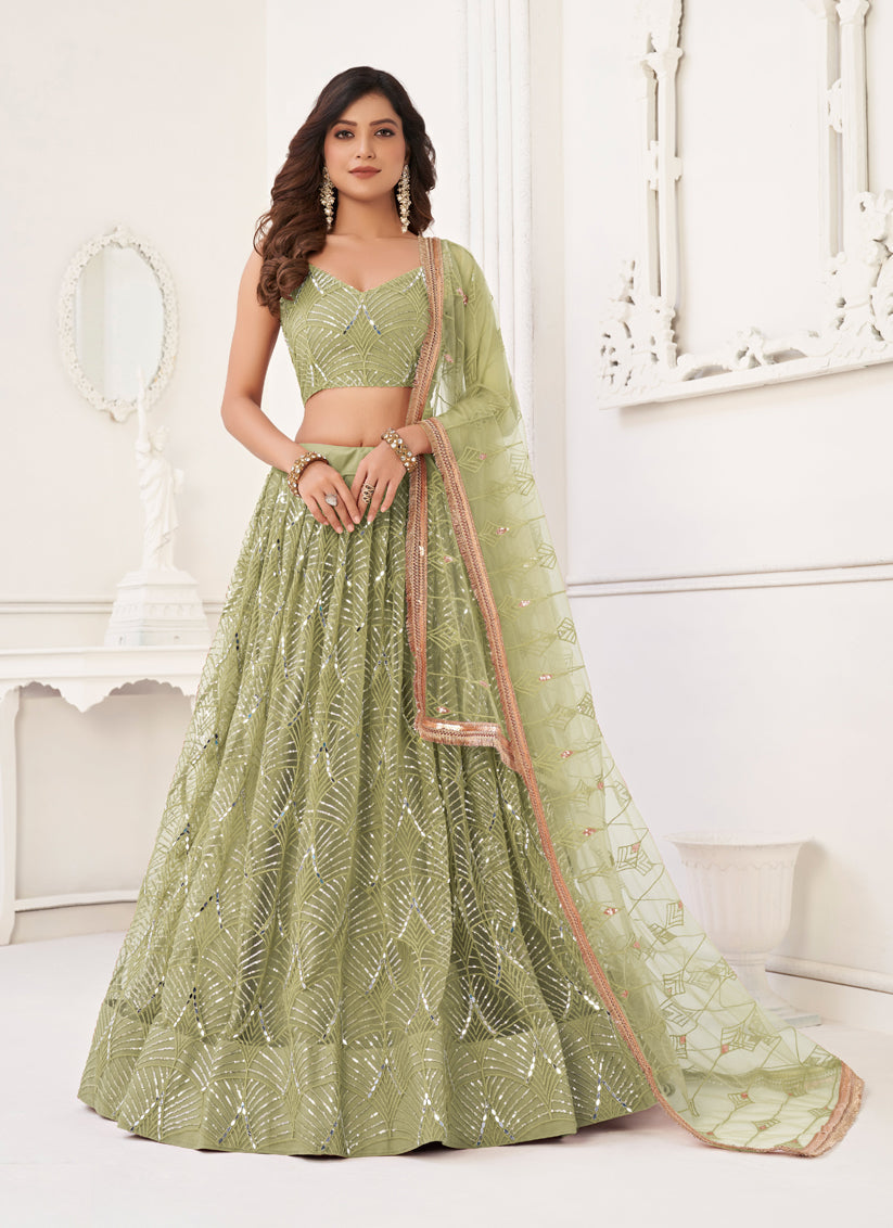 Sage Green Net Embroidered Lehenga Choli