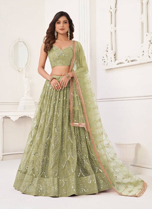 Sage Green Net Embroidered Lehenga Choli
