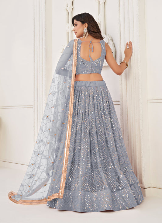 Smoke Grey Net Embroidered Lehenga Choli