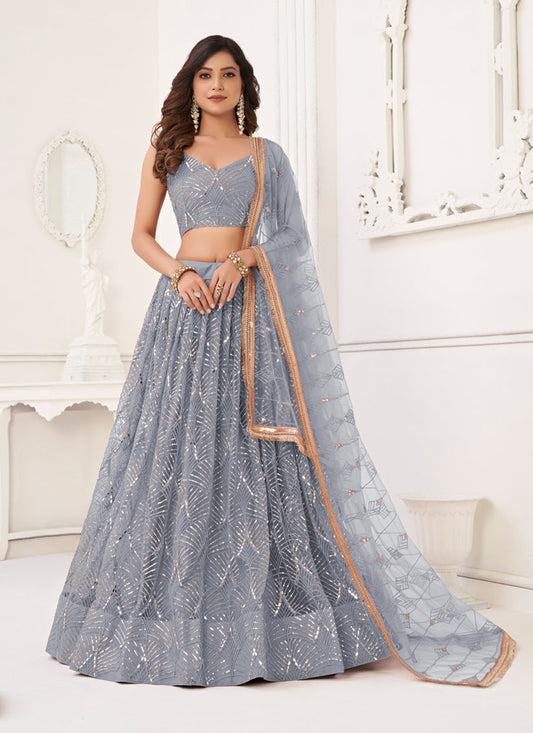 Smoke Grey Net Embroidered Lehenga Choli