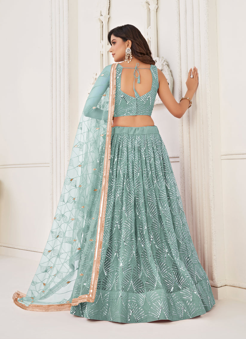 Mint Blue Net Embroidered Lehenga Choli